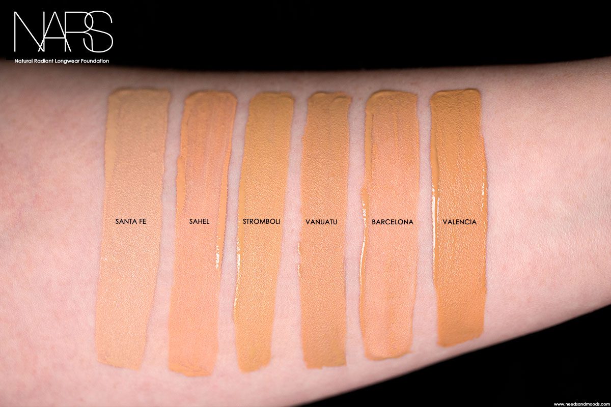 NARS natural radiant longwear foundation swatch santa fe sahel stromboli vanuatu barcelona valencia